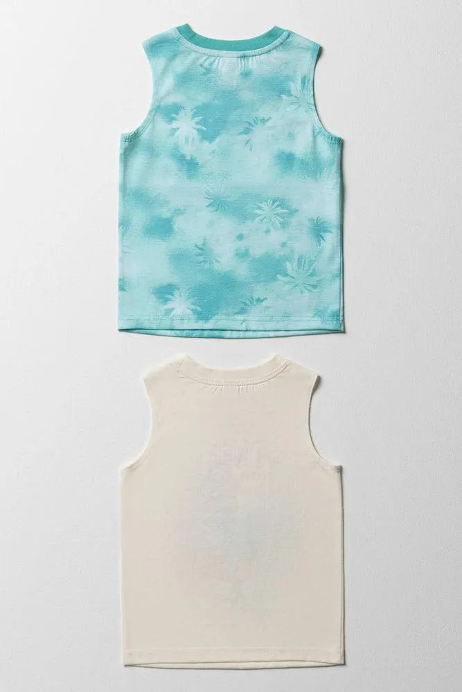 2 Pack Dinosaur Sleeveless T-Shirts Aqua & Cream