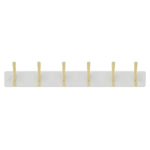 6 Brushed Brass Hooks on White Board Hat & Coat Rack