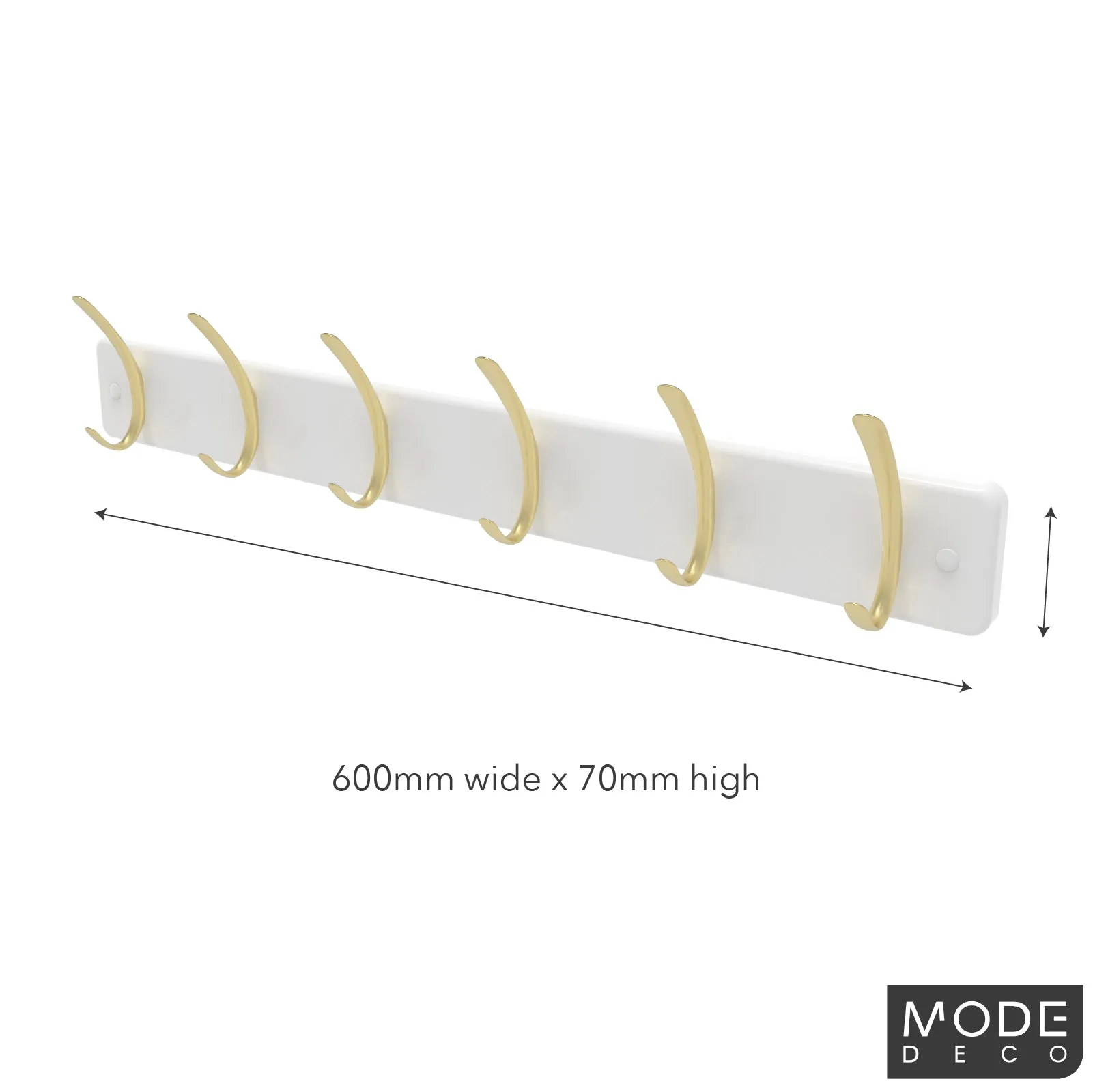 6 Brushed Brass Hooks on White Board Hat & Coat Rack