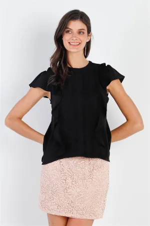 Black Embroidery & Ruffle Detail Flare Sleeve Top /1-3-2