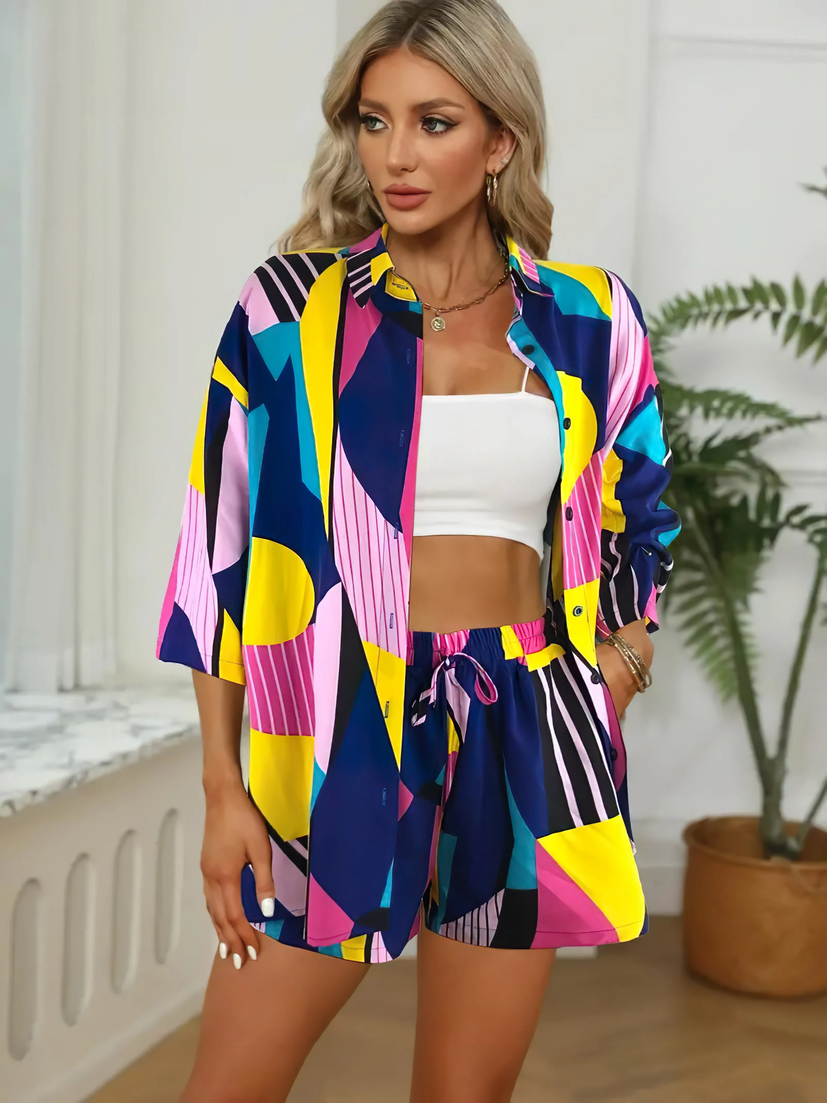 Chic Blue-Pink Abstract Print Co-Ord Set