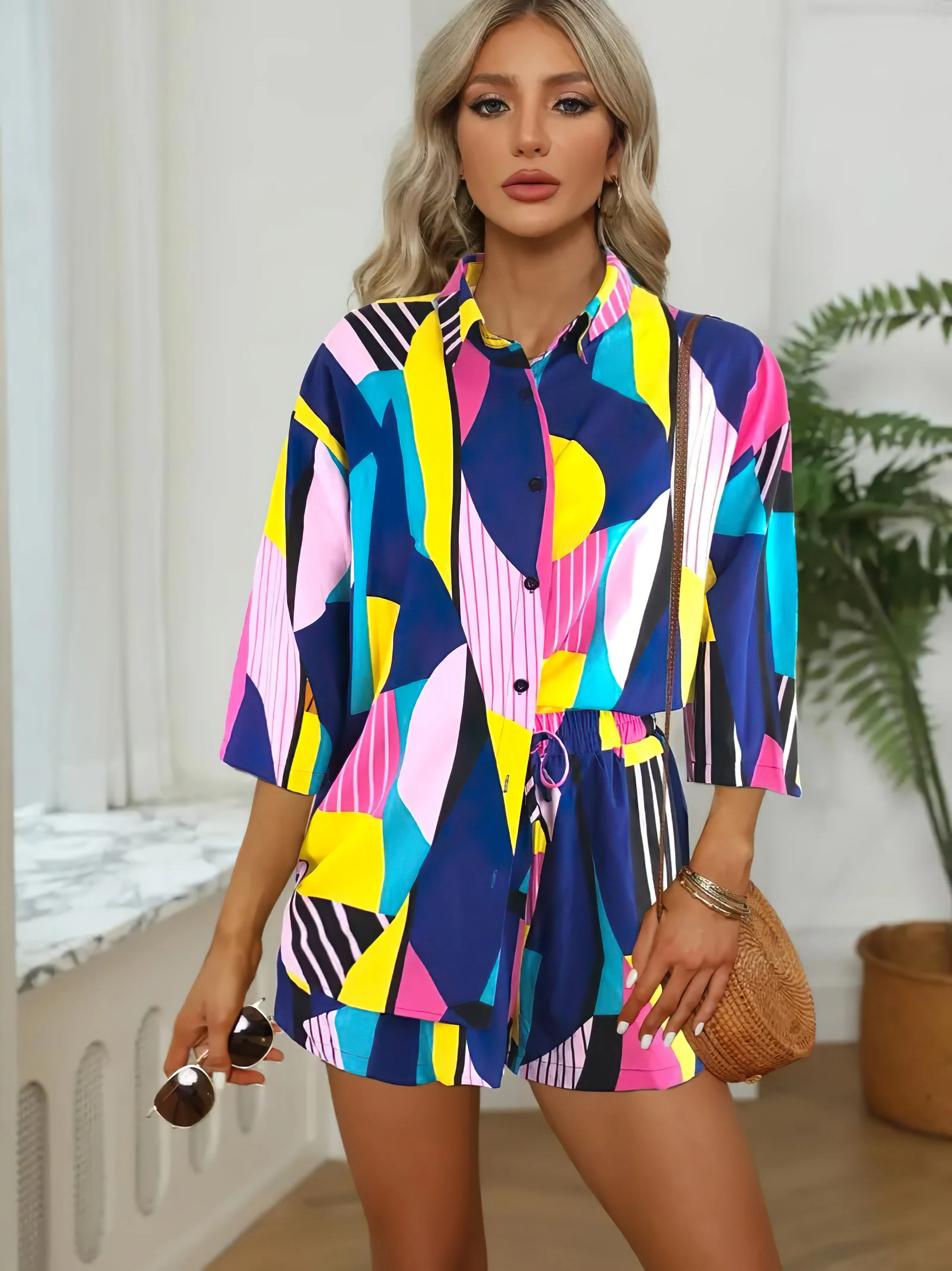 Chic Blue-Pink Abstract Print Co-Ord Set