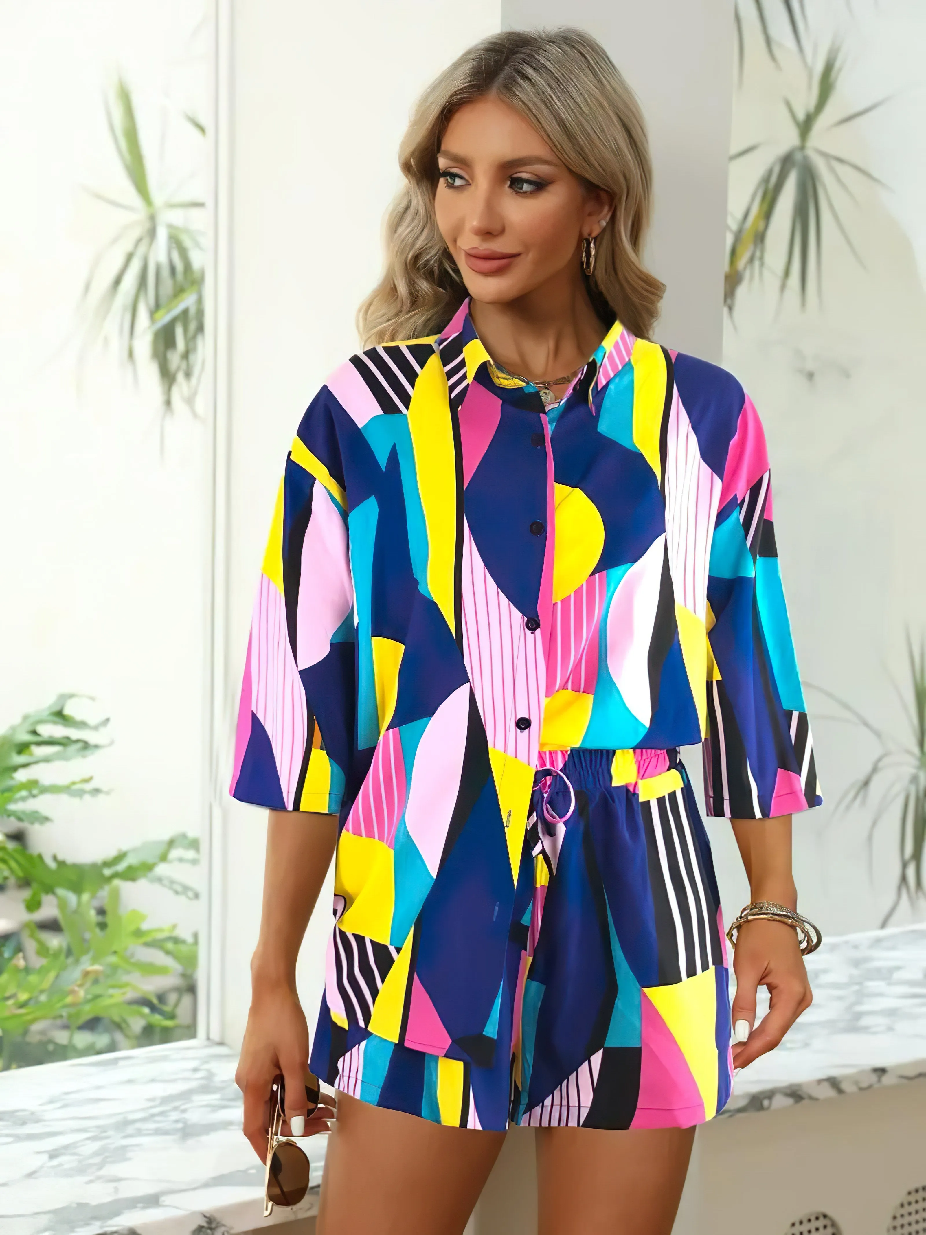 Chic Blue-Pink Abstract Print Co-Ord Set