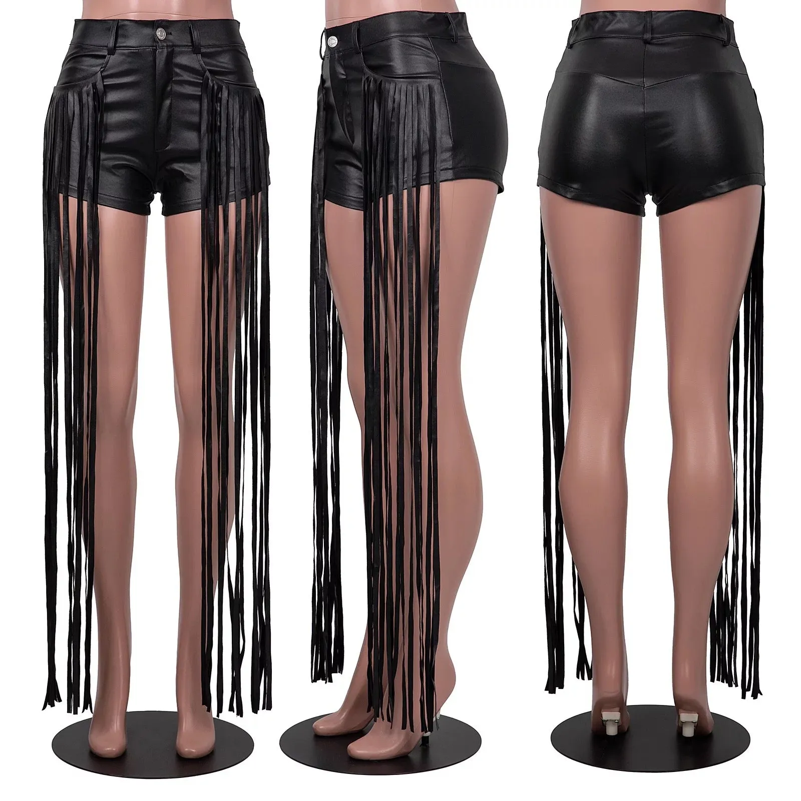 Chic long fringe latex shorts