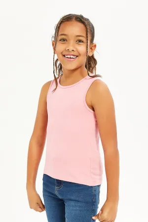 Girls Pink And White Sleeveless Vest Set (Pack of 2)