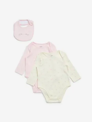 HOP Baby Pink Printed Cotton Rompers and Bib Set