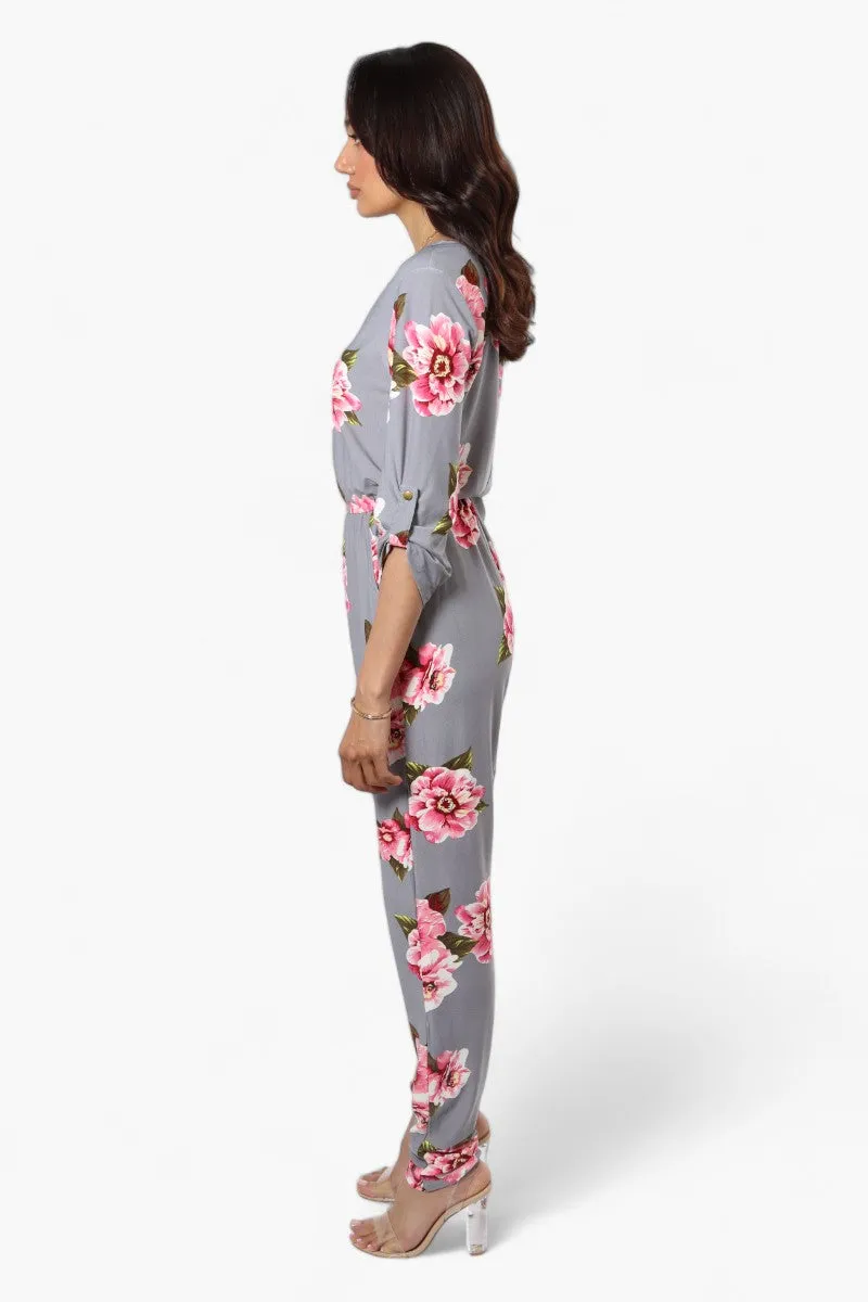 International INC Company Floral Roll Up Sleeve Jumpsuit - Grey