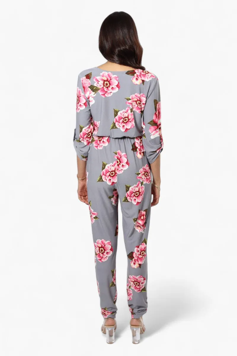 International INC Company Floral Roll Up Sleeve Jumpsuit - Grey