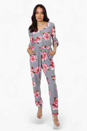 International INC Company Floral Roll Up Sleeve Jumpsuit - Grey