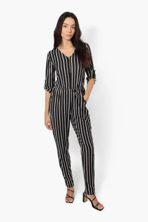 Limite Striped Front Zip Jumpsuit - Black