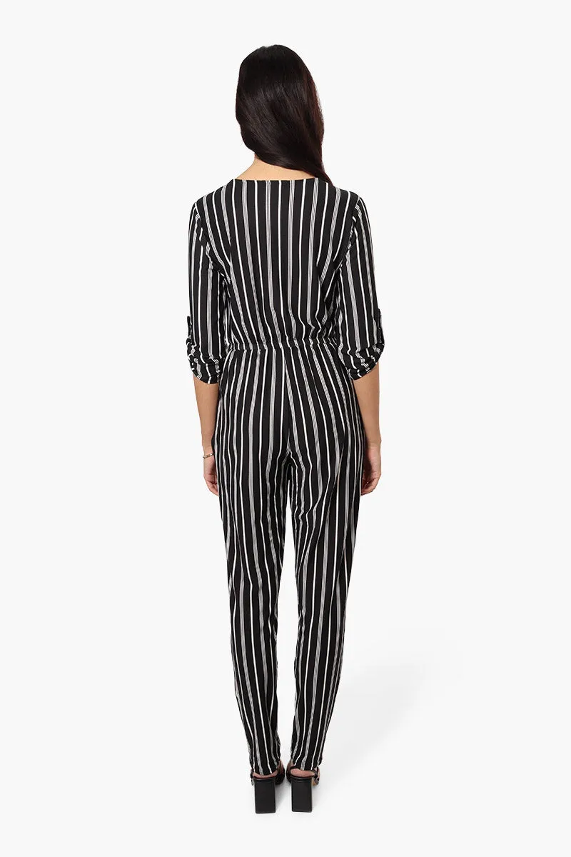 Limite Striped Front Zip Jumpsuit - Black