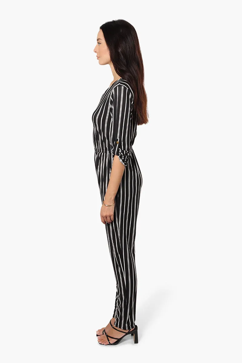 Limite Striped Front Zip Jumpsuit - Black