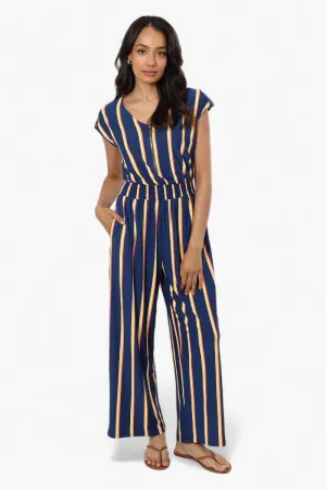 Majora Striped Front Zip Cinched Waist Jumpsuit - Navy