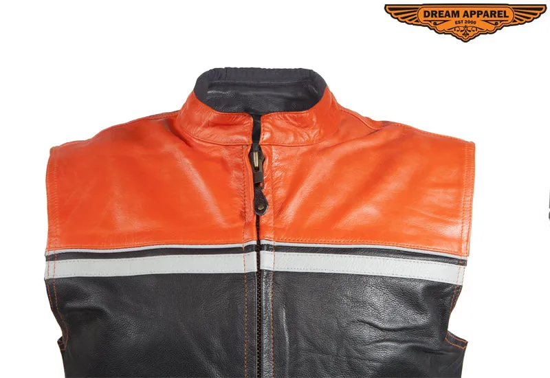 Mens Black & Orange Leather Vest