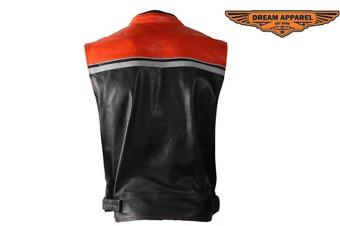 Mens Black & Orange Leather Vest