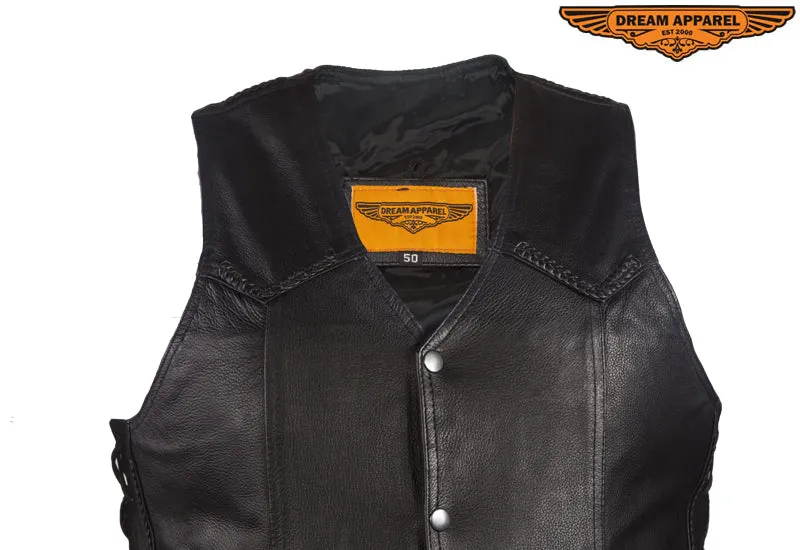 Mens Leather Motorcycle Vest With Huge Gun Pocket