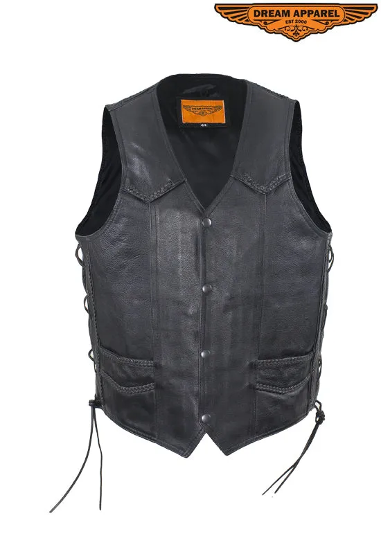 Mens Leather Motorcycle Vest With Huge Gun Pocket