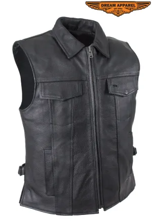 Mens Motorcycle Club Leather Vest With Fold Collar & Hidden Snaps