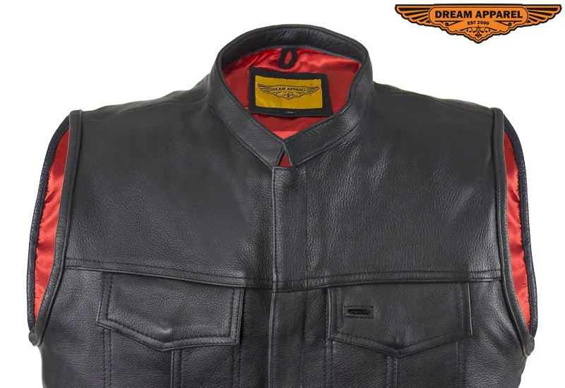 Mens Motorcycle Leather Club Vest With Red Liner