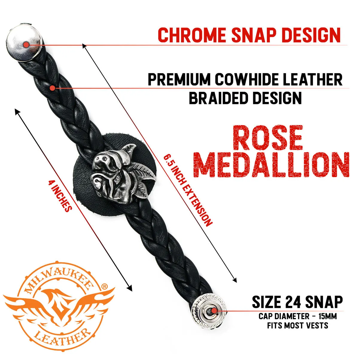 Milwaukee Leather Rose Medallion Vest Extender Genuine Leather Braided