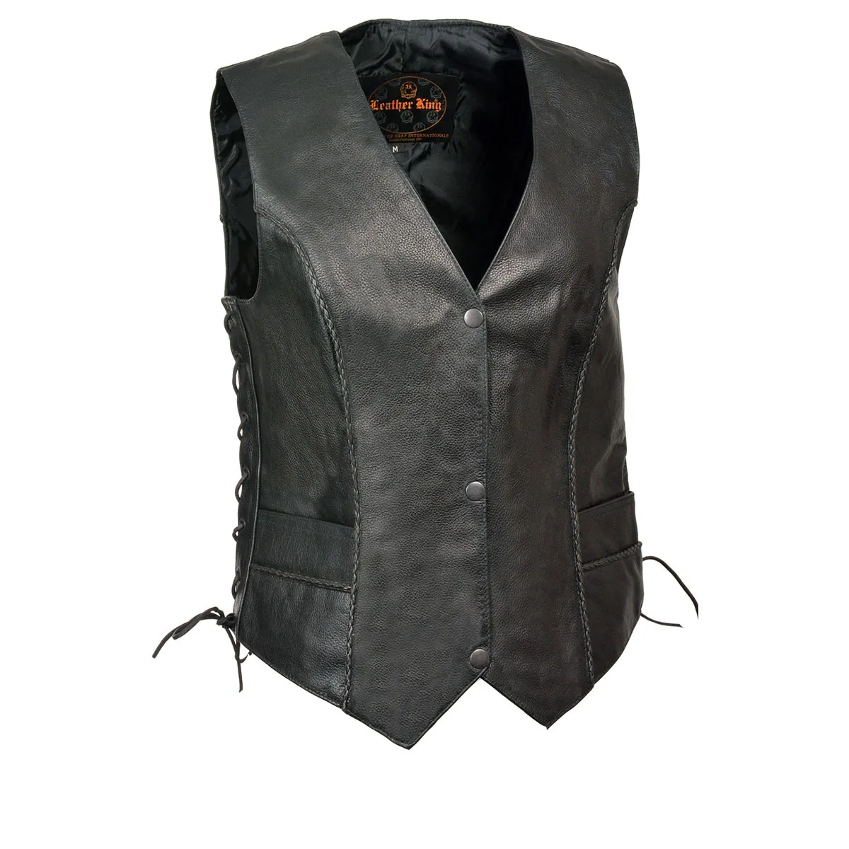 Milwaukee Leather SH2045 Women's Black Thin Braid Leather Side Lace Motorcycle Rider Vest- Front Snap Closure