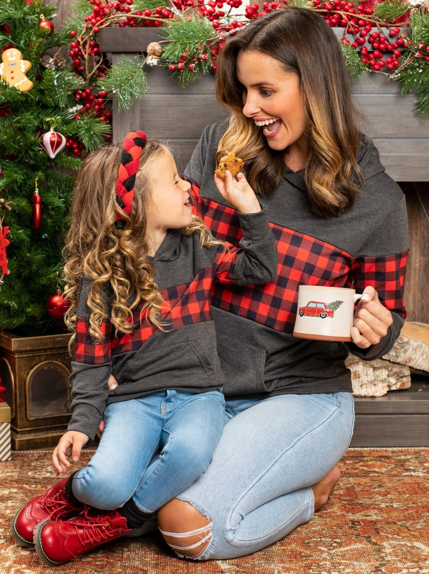 Mommy and Me Buffalo Plaid Colorblock Hoodie