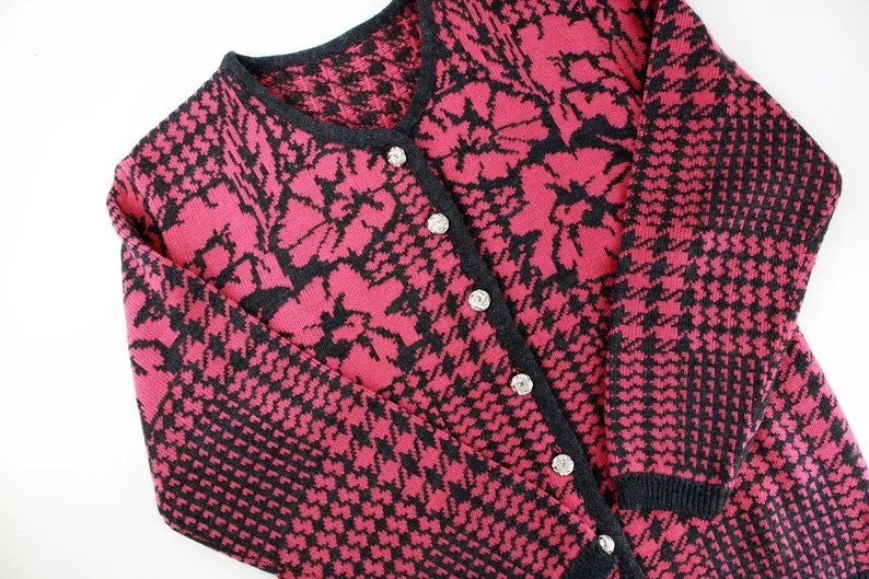 Vintage 80s/90s Floral Houndstooth Knit Cardigan, Medium