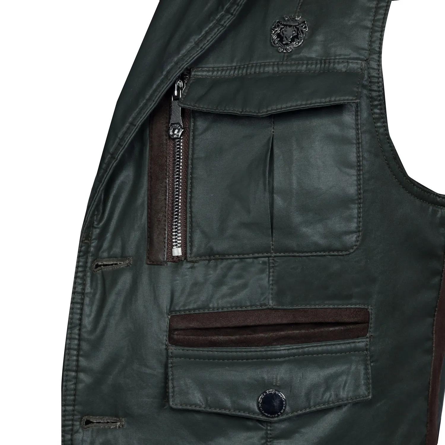 Warm & stylish Multi Pockets Vests in Green Waxy Cotton