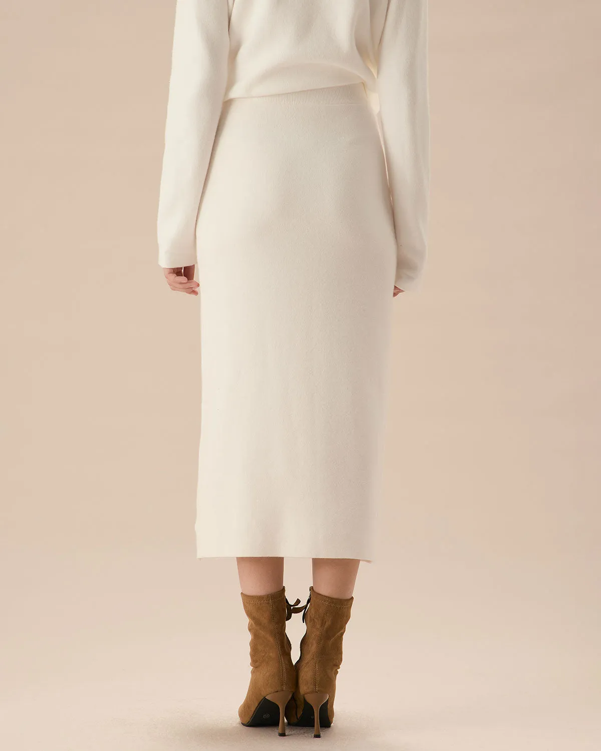 White Elastic Waist Straight Skirt